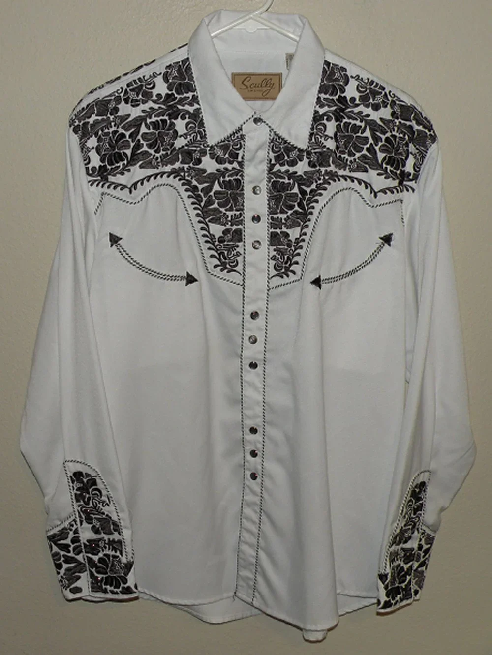Scully Men’s Medium LS Western Pearl Snap Shirt White Pewter Floral Embroidery